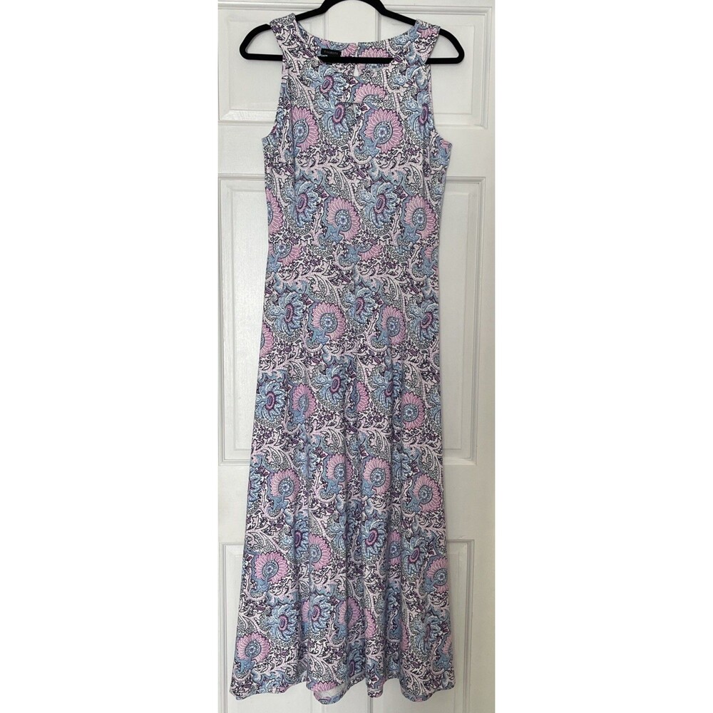 Talbots Jersey Maxi Dress Medium Purple Paisley Floral Keyhole Stretch Comfort